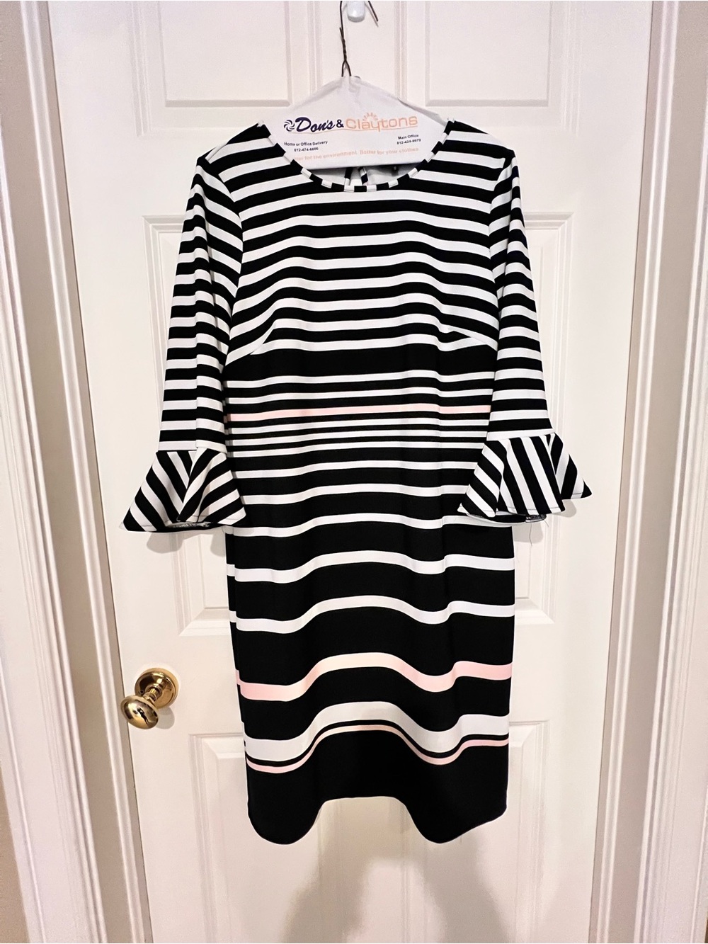 Black, White & Pink Striped Midi Dress with Bell Sleeves